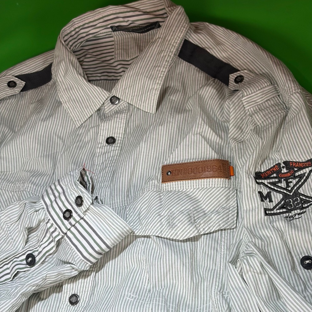 Marithe Francois Girbaud Button Up Mens XL White Striped Roll Tab Epaulet Shirt
